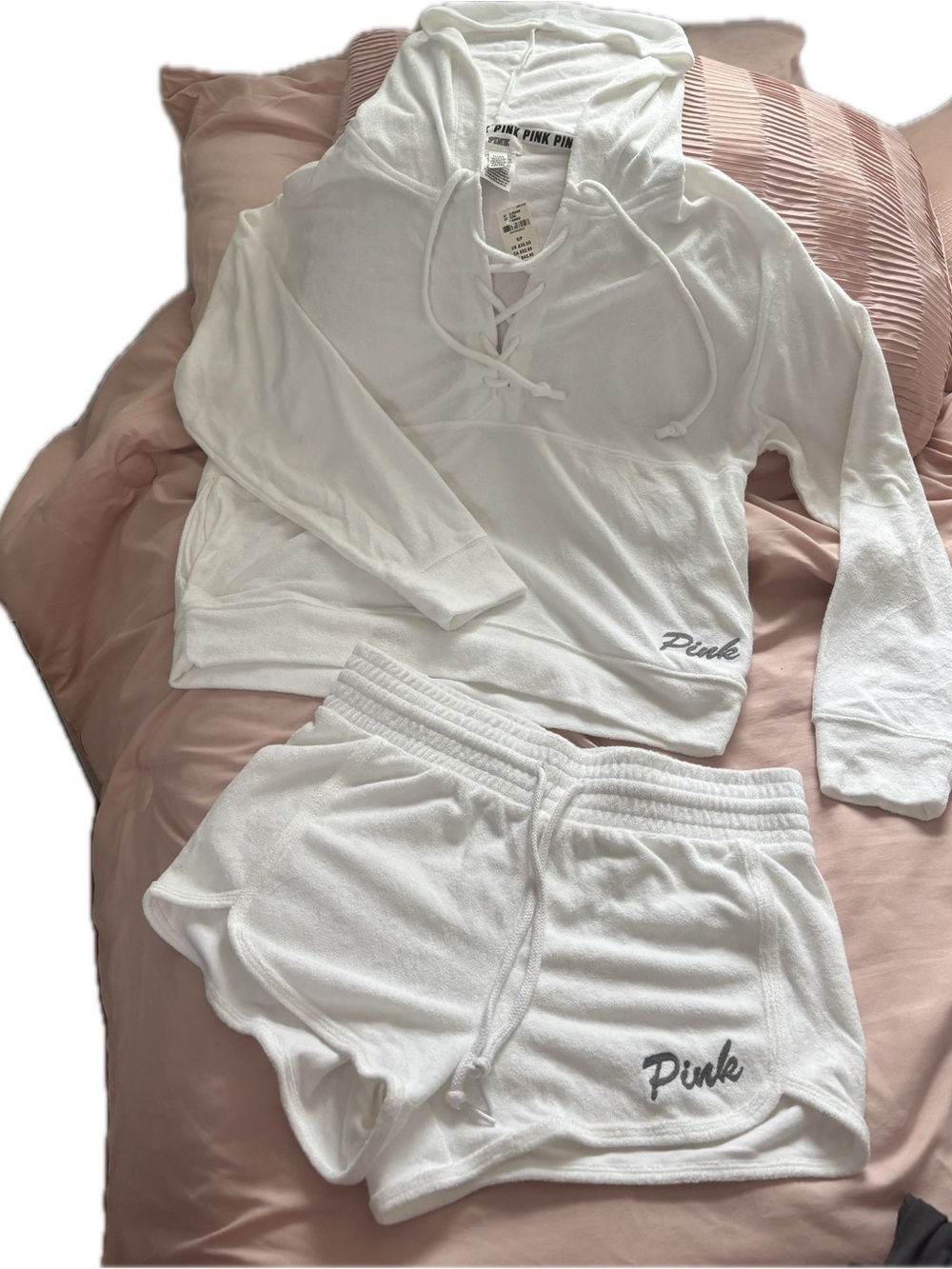 PINK Victoria’s Secret White Terry Hooded Lounge Top & Shorts Set